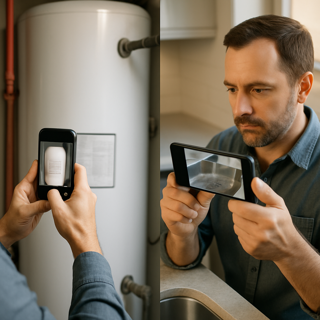Homeowner using a smartphone to photograph a water heater nameplate and snapping a short video of a slow-draining sink under good lighting, photo realistic, professional mood