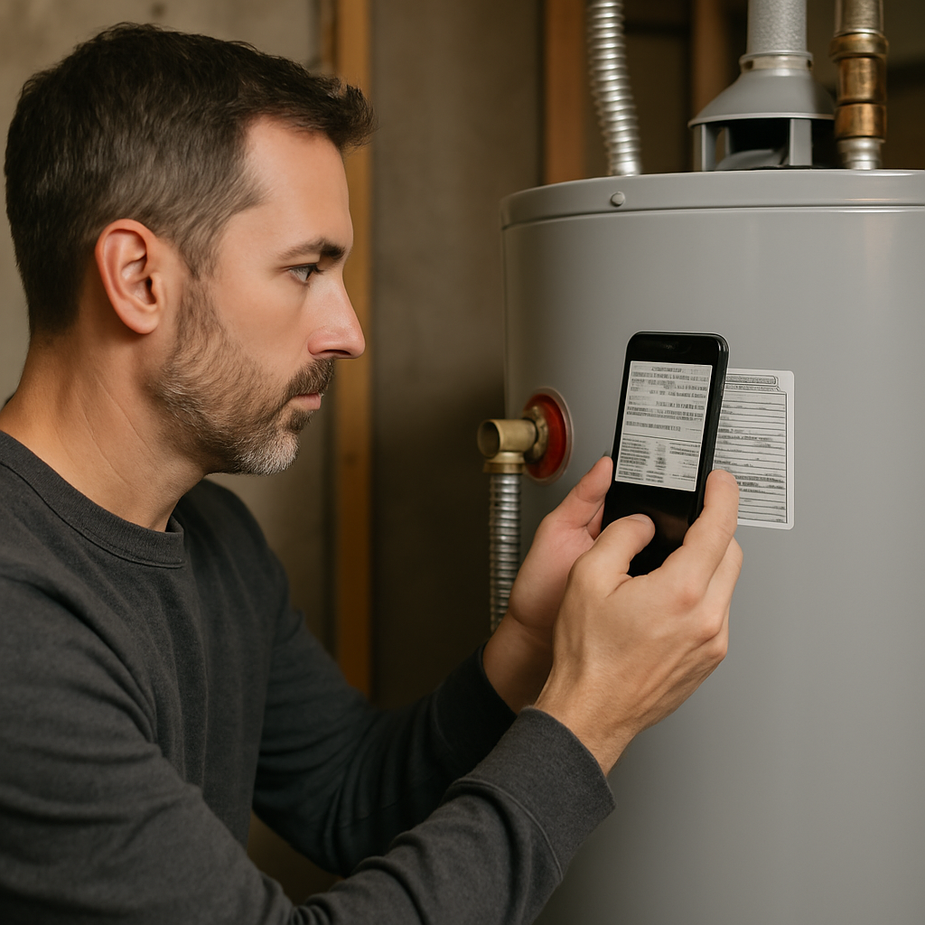 Professional photo of a homeowner taking a close-up picture of a water heater nameplate and a separate wide-angle photo showing the unit, nearby piping material, and basement access; well-lit, photo realistic