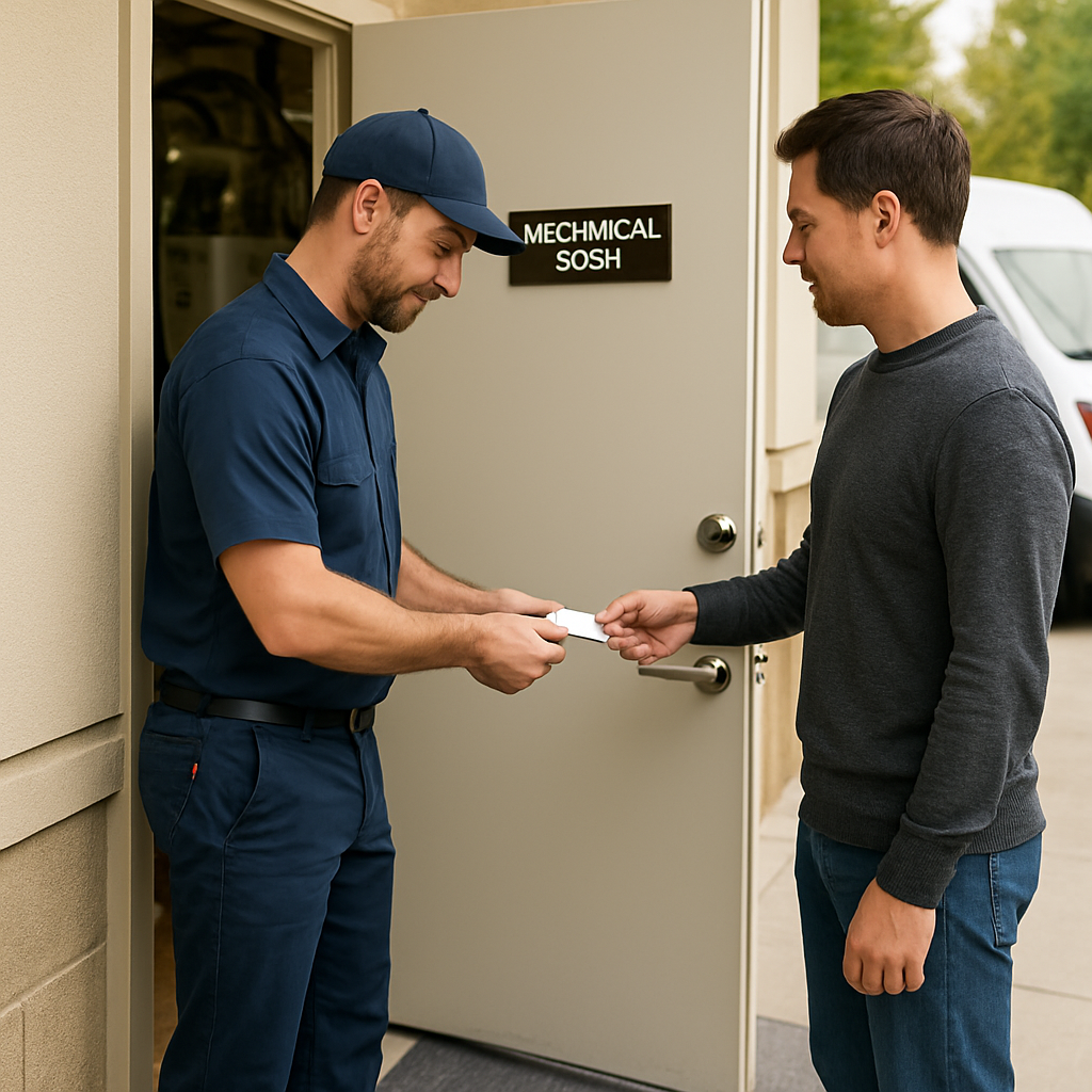 Technician unlocking a clearly labeled mechanical room door while a homeowner stands nearby handing over a small labeled key card; tidy work area with floor protection and a parked service van visible outside, photo realistic