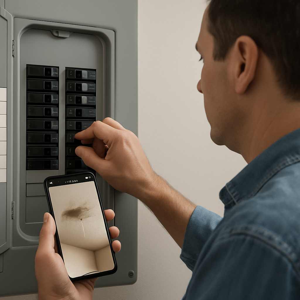 Homeowner safely turning off a labeled circuit breaker in a residential electrical panel while holding a smartphone showing a timestamped photo of a ceiling leak; well-lit, photo realistic, professional