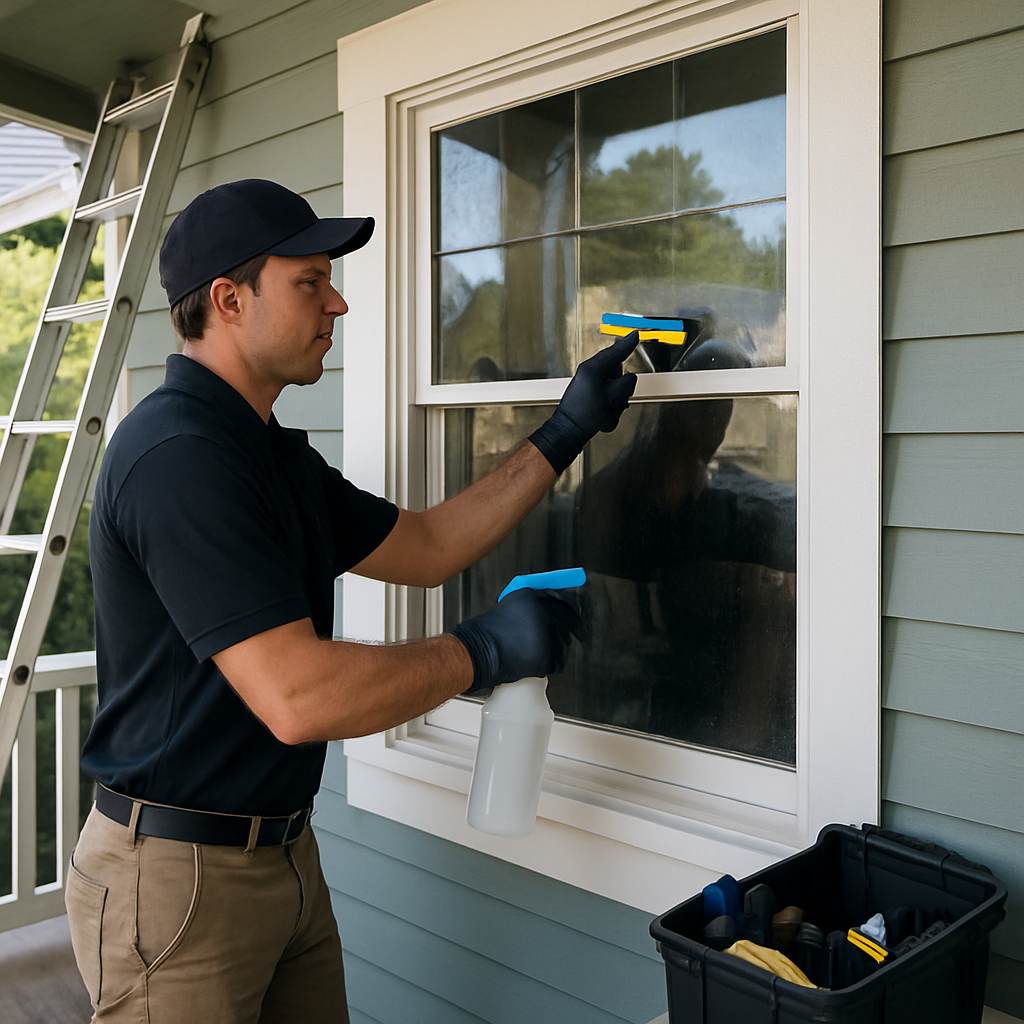 Technician installing ceramic window film on a Portland residential double-hung window using a squeegee and spray bottle, ladder visible, daylight, professional kit on a clean porch
