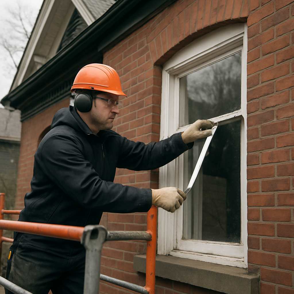 Photo realistic image of a technician performing a small test-strip removal on an older Portland rowhouse window from street level, portable scaffold visible, installer wearing professional gear, overcast daylight, professional mood