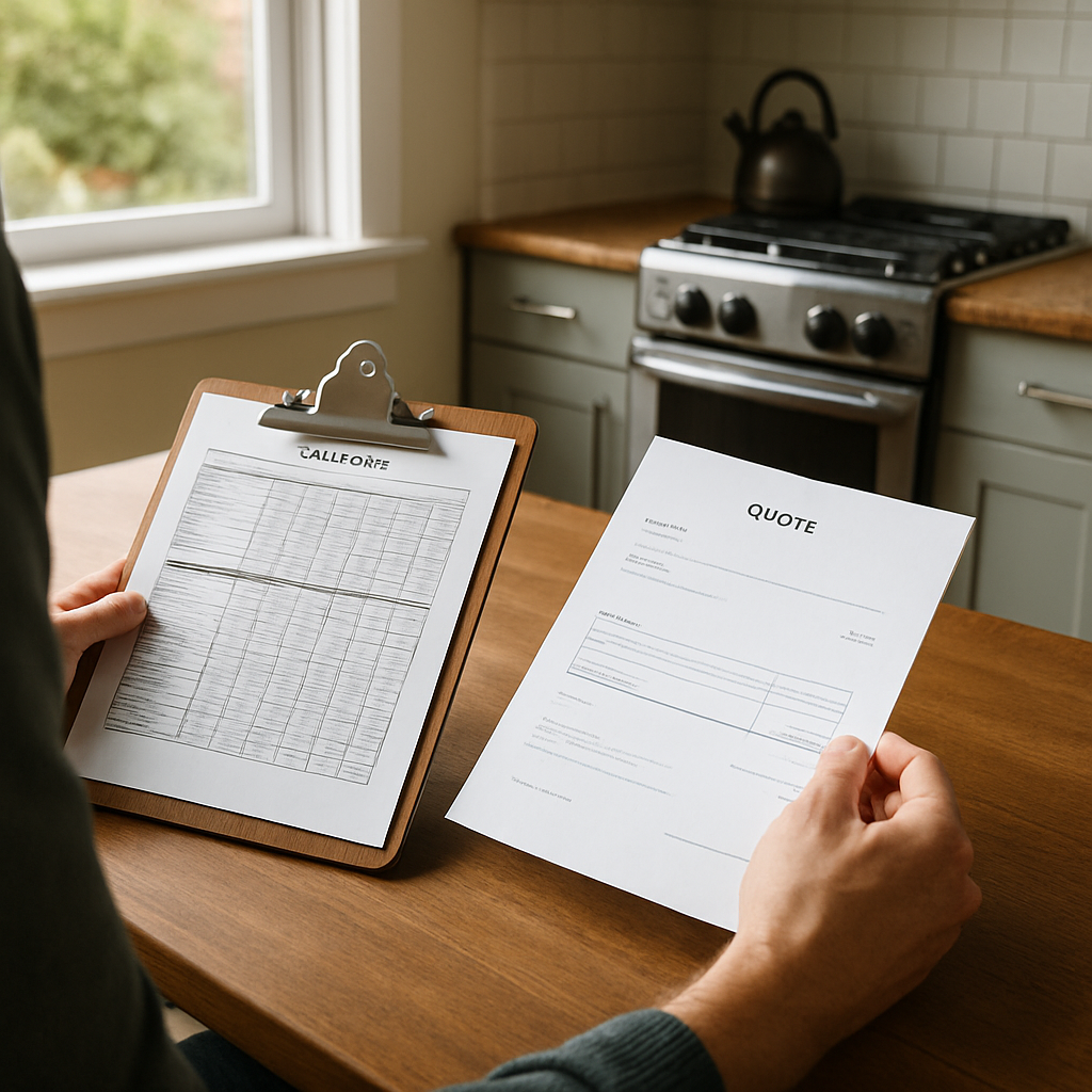 Photo realistic image of two contractors' paper quotes on a clipboard being compared by a homeowner at a Portland kitchen table, one sheet shows a labeled film datasheet clipped to it, daylight through a window, professional mood