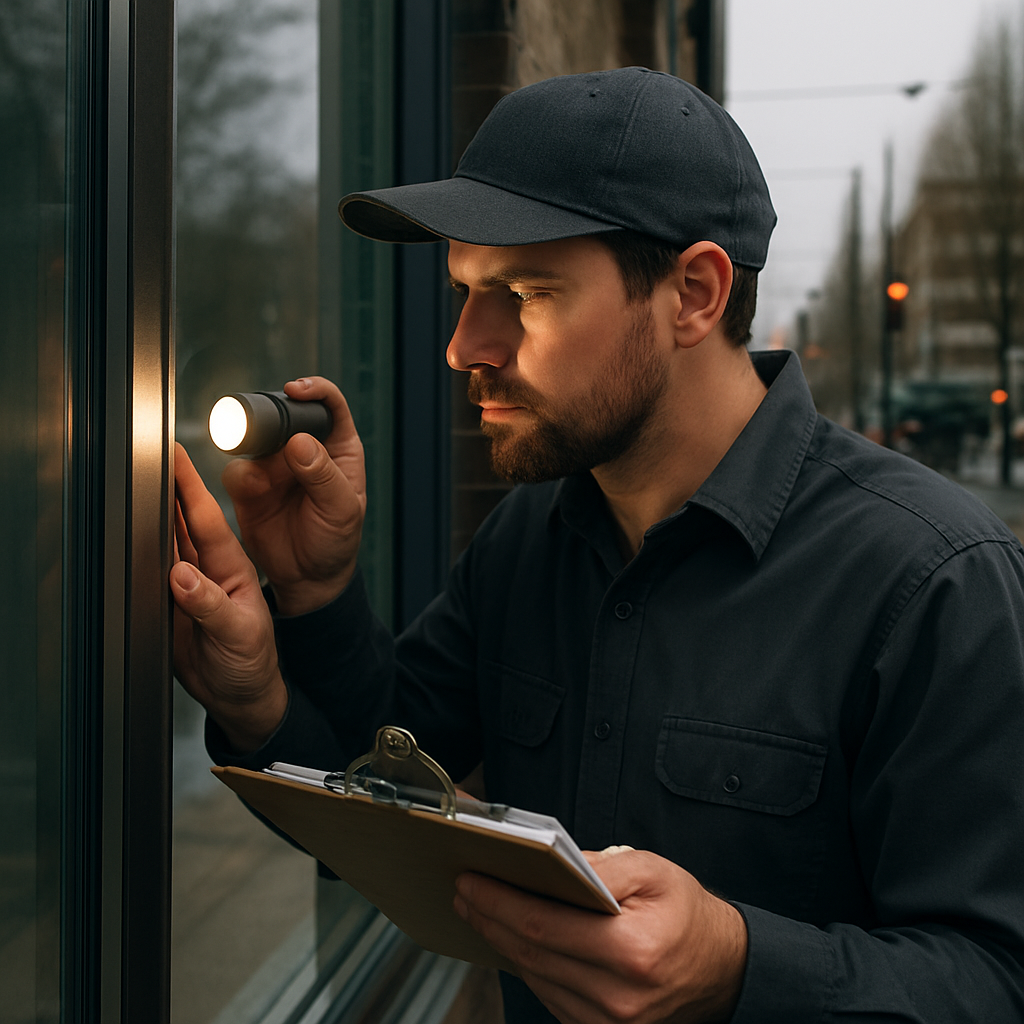 Photo realistic image of a technician inspecting the edge of a window film on a commercial storefront in Portland, holding a handheld light to check adhesion while referencing installation paperwork on a clipboard, overcast daylight, professional mood