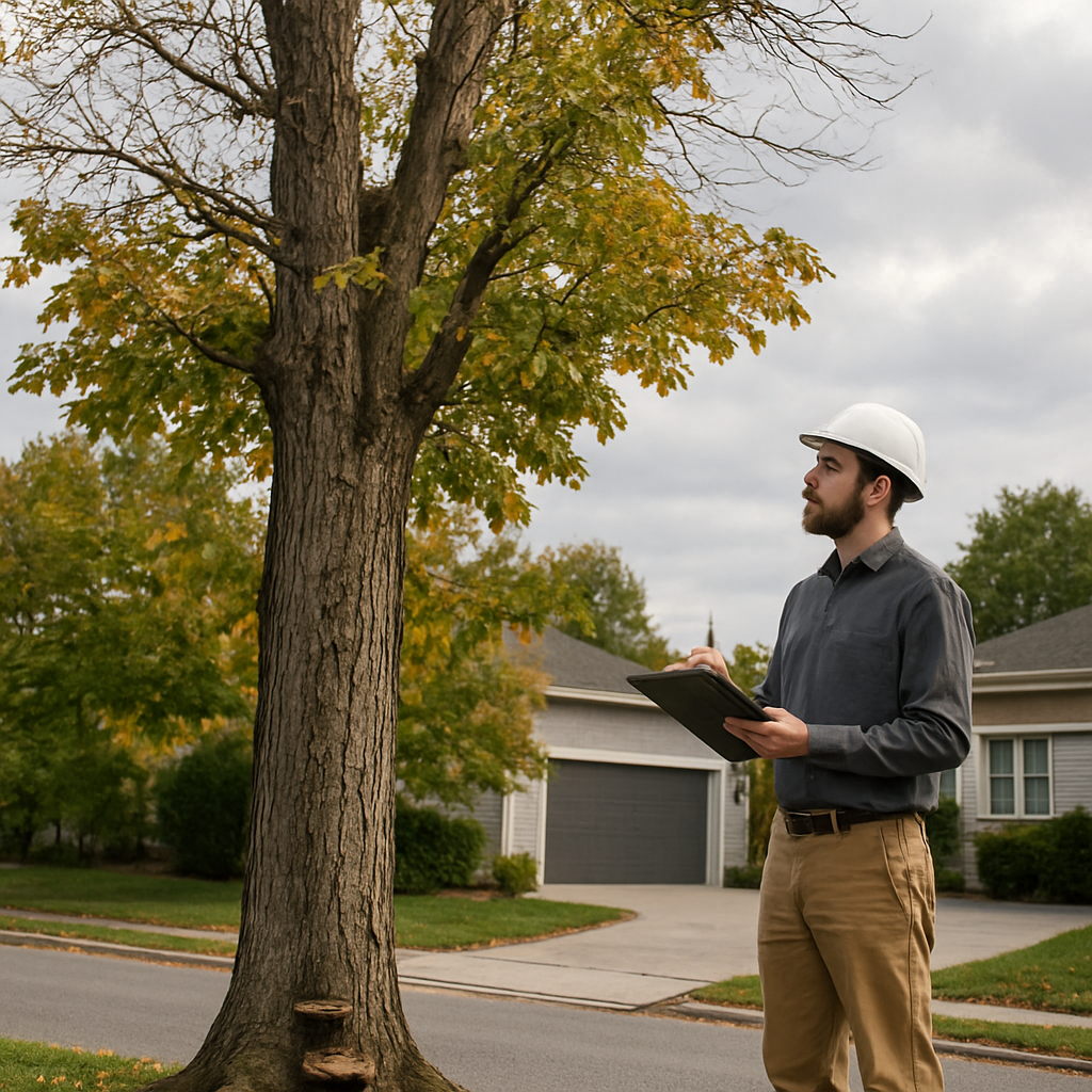Photo realistic image of a mature street-side maple with partial crown dieback, visible fungal conks at the trunk base, and a slightly heaved root flare; professional arborist standing with clipboard assessing the tree; cloudy daylight, residential driveway in background