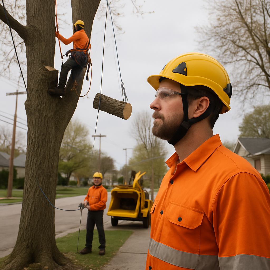 Photo realistic image of a professional arborist supervising a sectional removal of a large street-side ash tree with rigging lines and a chipper on site; show crew wearing PPE, visible utility coordination with a worker on the ground, suburban street setting, overcast daylight