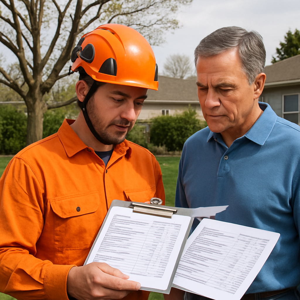 Photo realistic image of an arborist reviewing two detailed, line-item estimates with a homeowner in a suburban yard; show a pruned tree on one side and a recently stumped area on the other; clipboard, safety gear visible, professional mood