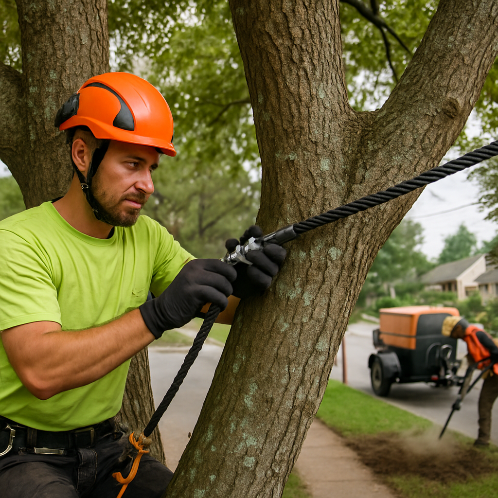 Photo realistic image of an arborist installing a synthetic cable between two codominant stems on a mature urban tree; show root-aeration equipment and a technician applying soil amendments in the background; suburban street setting, professional mood