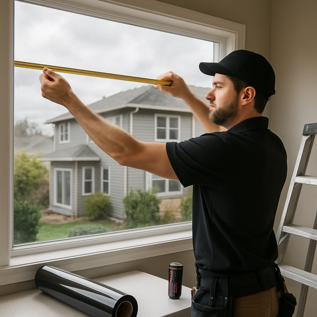 Photo realistic image of a professional window film installer measuring a large residential picture window in an Oregon home; visible tools include measuring tape, laser measure, roll of high-performance film, and a ladder; cloudy daylight, urban house exterior in background