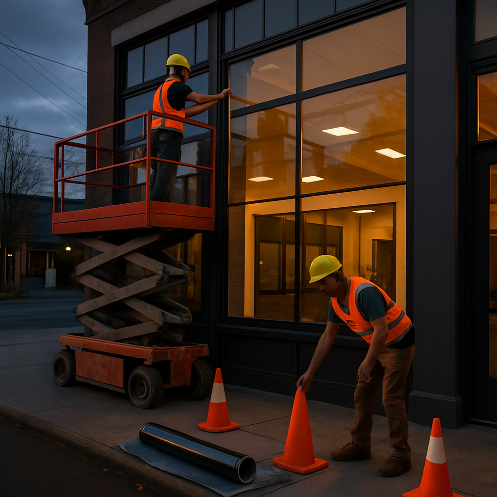 Photo realistic image of a professional window film crew operating a scissor lift outside a two-story Portland storefront at dusk; one installer measures the glass while another positions safety cones; equipment includes a scissor lift, measuring tools, and a roll of high-performance film