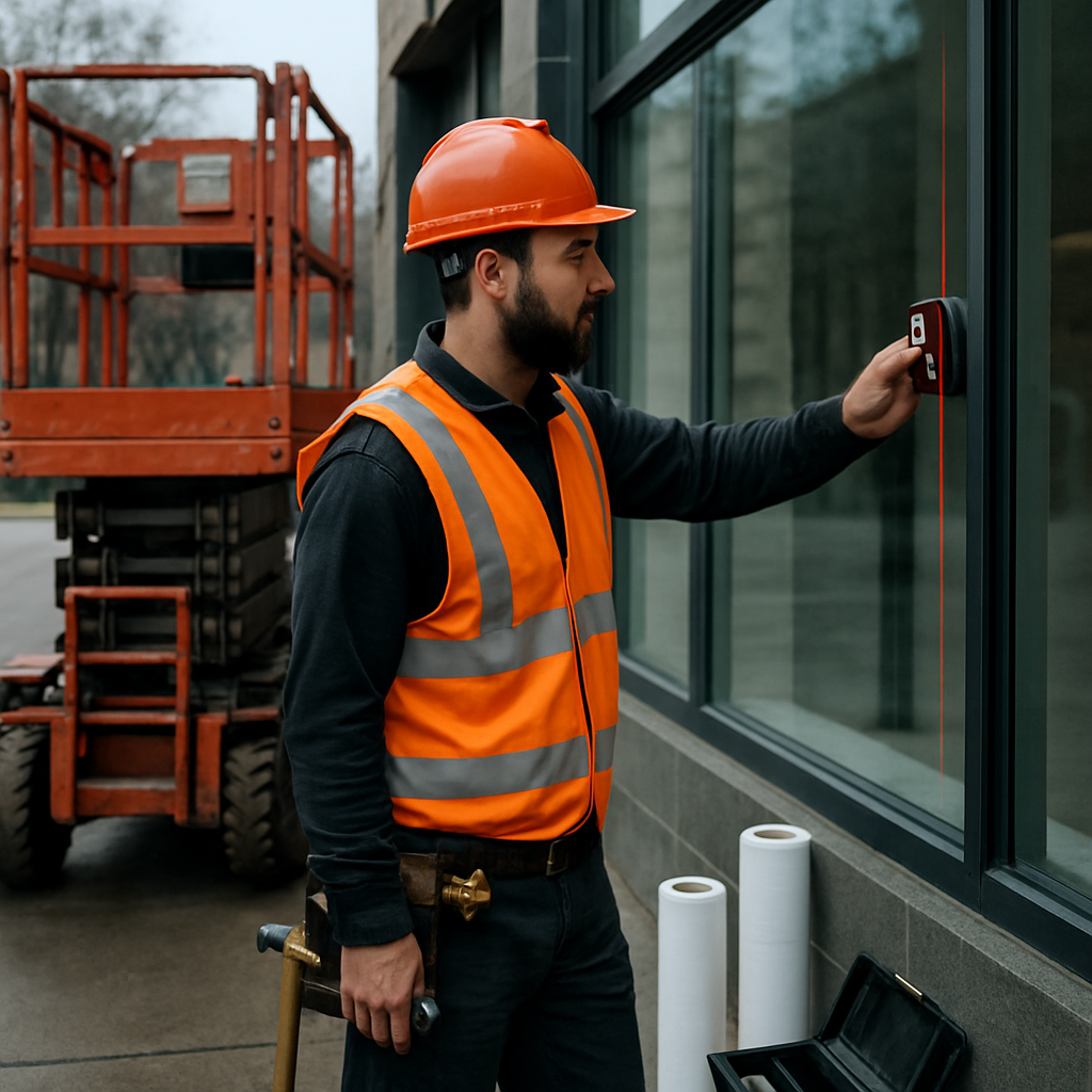 Photo realistic image of an installer on a Portland job site measuring a storefront window with a laser measure and portable scissor lift parked nearby; overcast Pacific Northwest light, tools and film rolls visible, professional mood