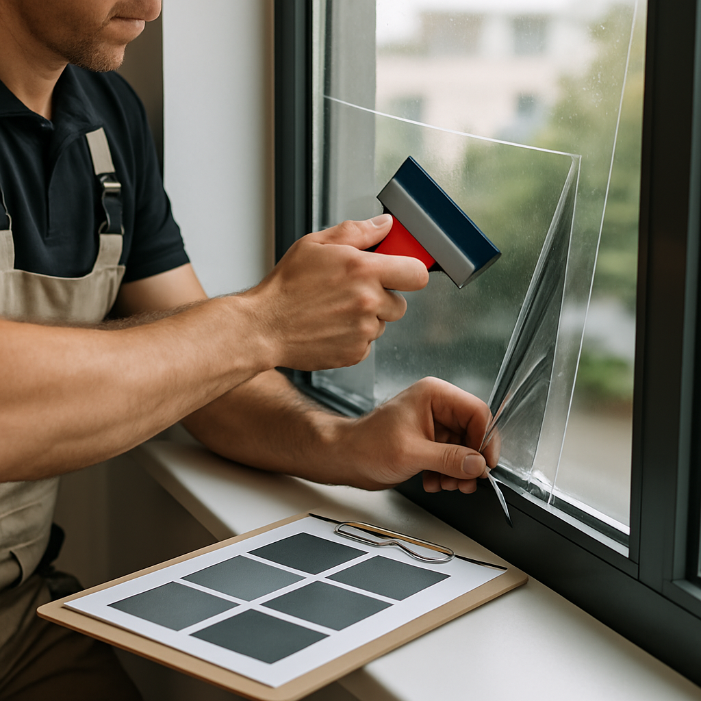 Photo realistic image of a professional installer applying window film to an interior office window, close-up on hands using a squeegee to smooth film, visible edge trimming, labeled manufacturer swatches on a clipboard, soft natural Oregon daylight, professional mood
