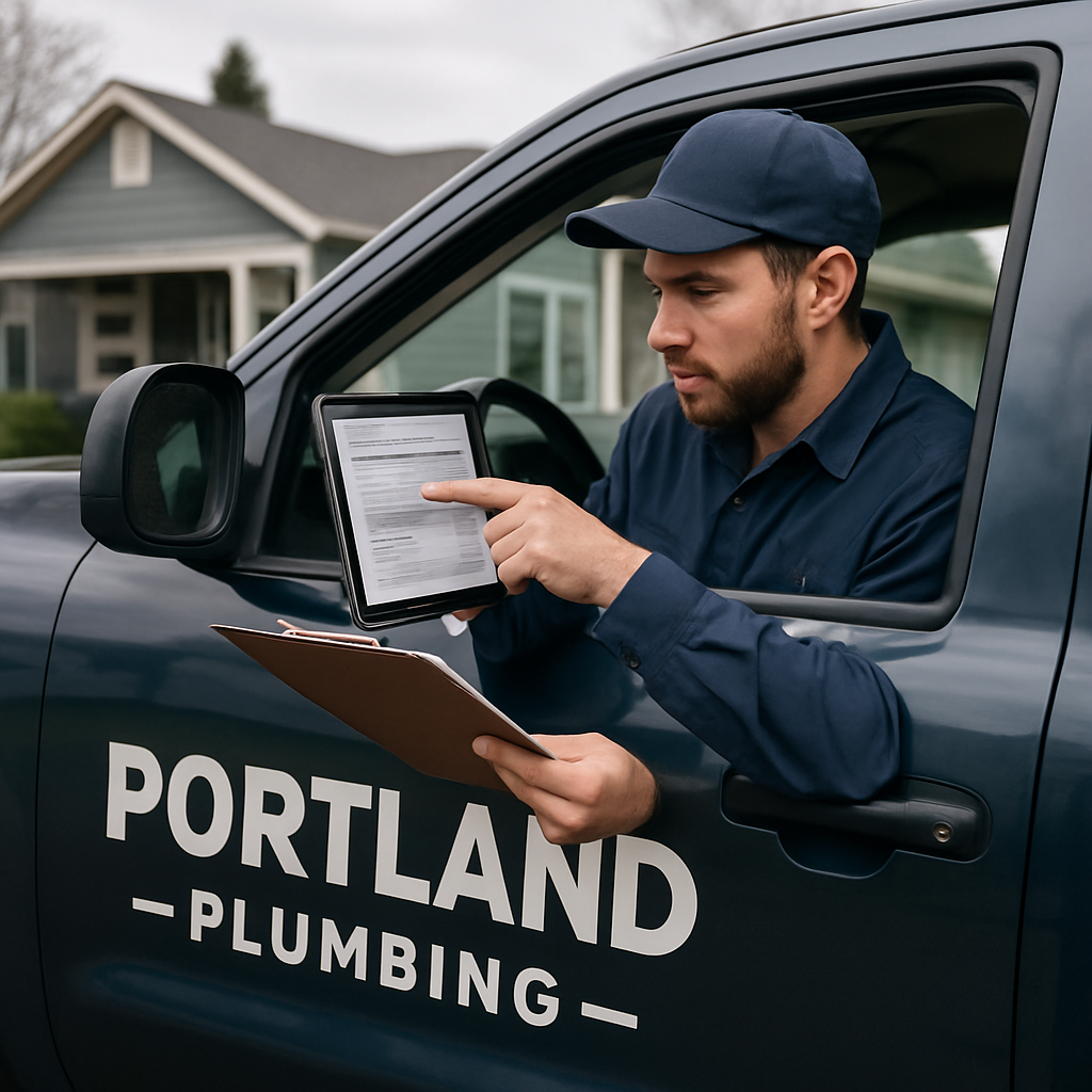Photo realistic image of a Portland plumber in a truck with visible logo, holding a clipboard and pointing to a printed CCB license lookup on a tablet, residential house in background, overcast Pacific Northwest light, professional mood