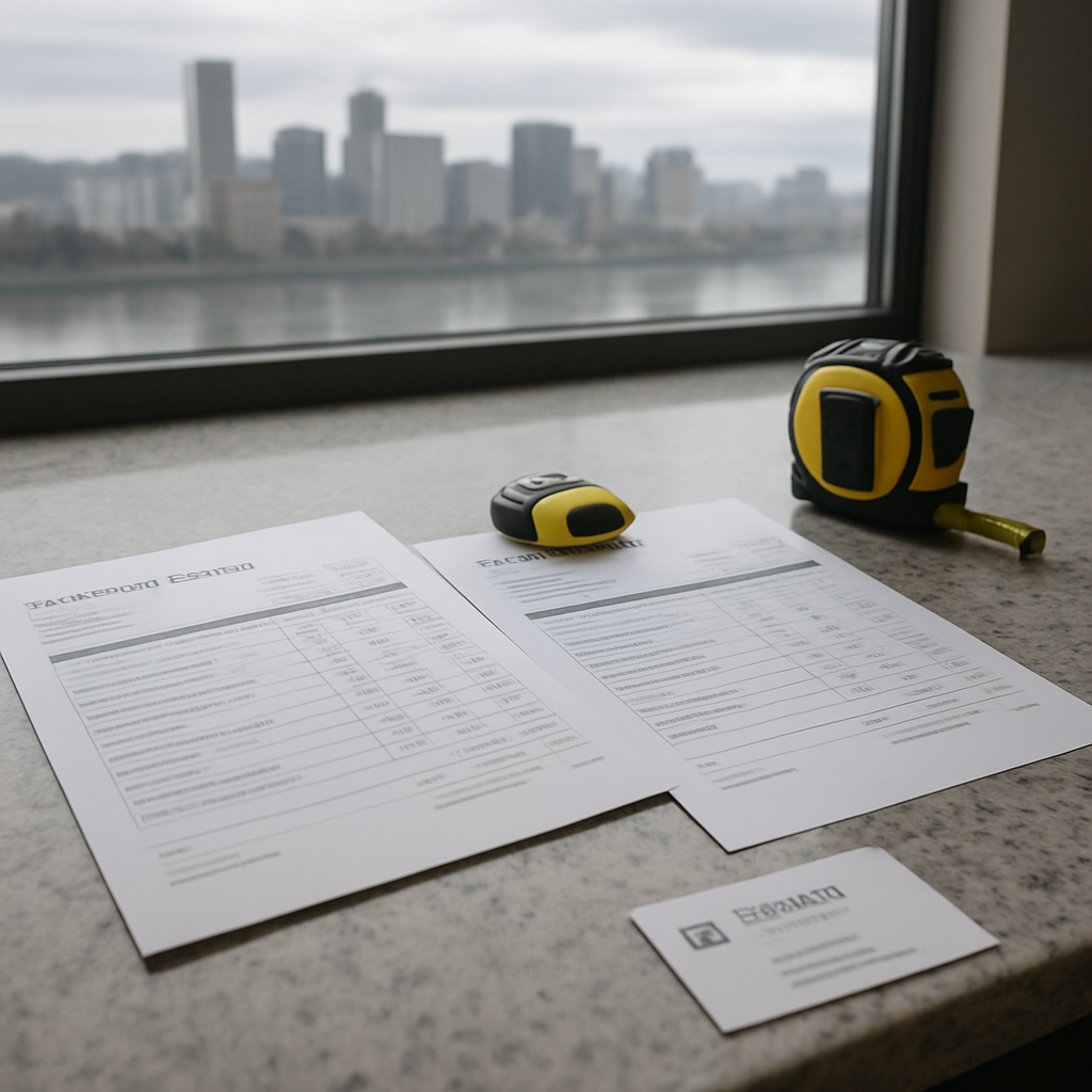 Photo realistic image of two printed itemized plumbing estimates on a kitchen counter with a tape measure and a contractor business card, faint Portland skyline in background under overcast light, professional mood