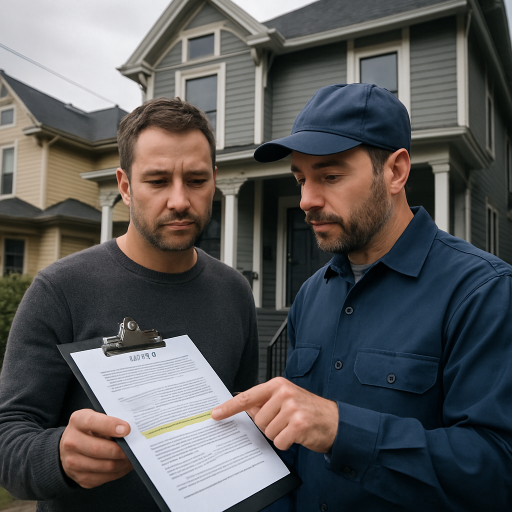 Photo realistic image of a homeowner and a licensed plumber reviewing a printed contract on a clipboard in front of a Portland row house; plumber points to a highlighted permit clause, overcast Pacific Northwest light, professional mood