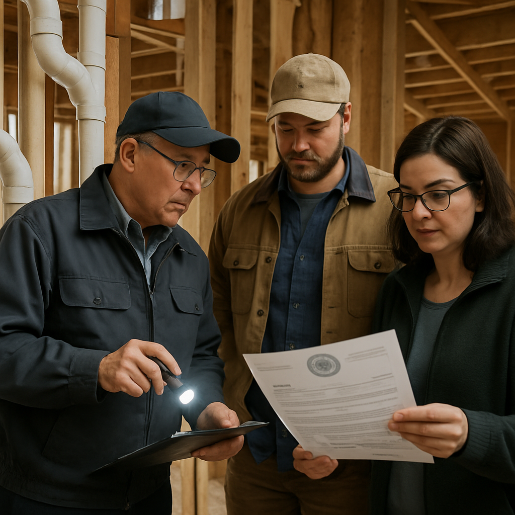 Photo realistic image of a Portland plumbing inspector checking a rough-in plumbing installation in a house under construction, contractor and homeowner nearby reviewing a printed permit with the City of Portland stamp visible, overcast Pacific Northwest light, professional mood