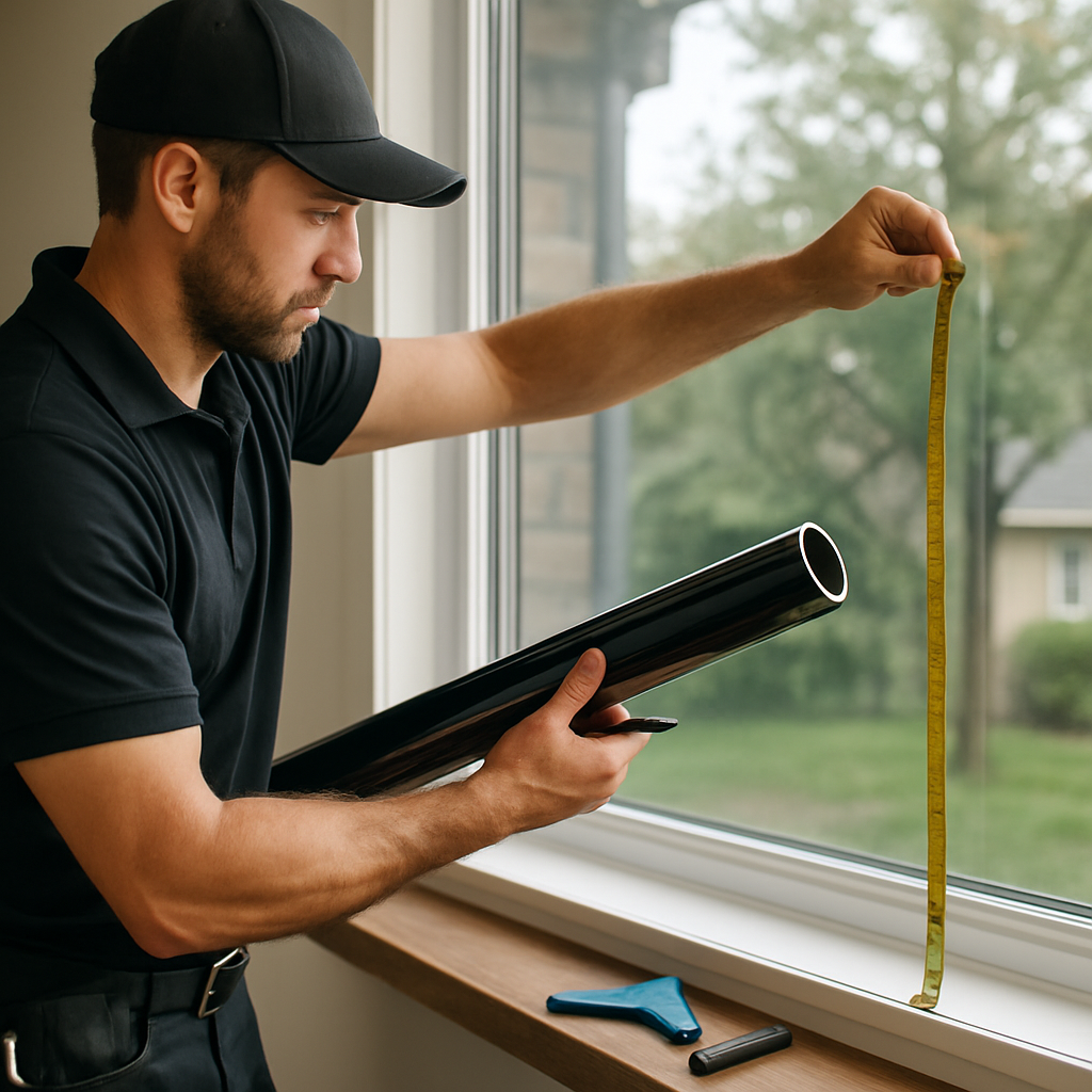 Professional window tint installer measuring and marking a large residential picture window with a r
