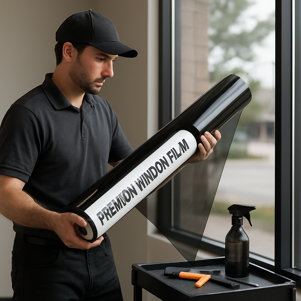 Photo realistic image of a technician unrolling a labeled roll of premium window film like 3M or Llu