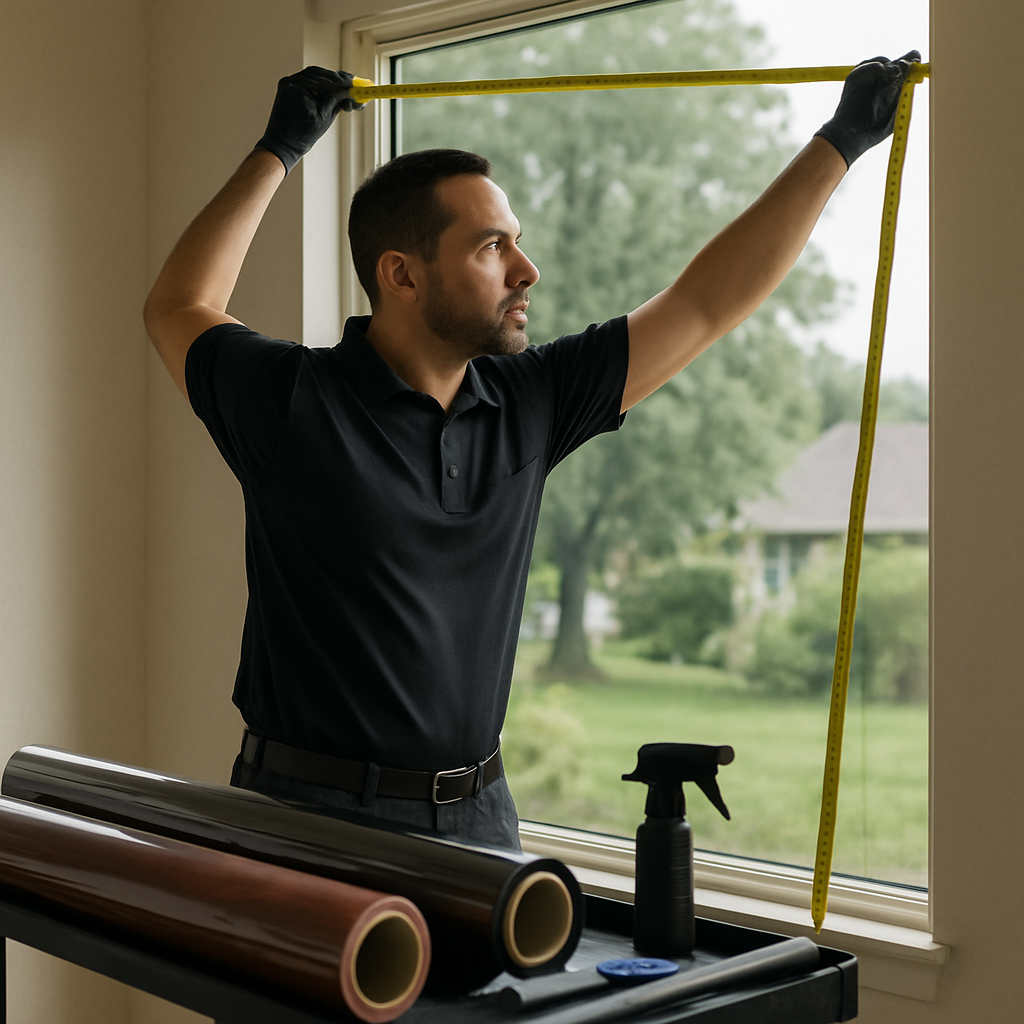 Photo realistic image of a technician performing a measured install on a large picture window, tools