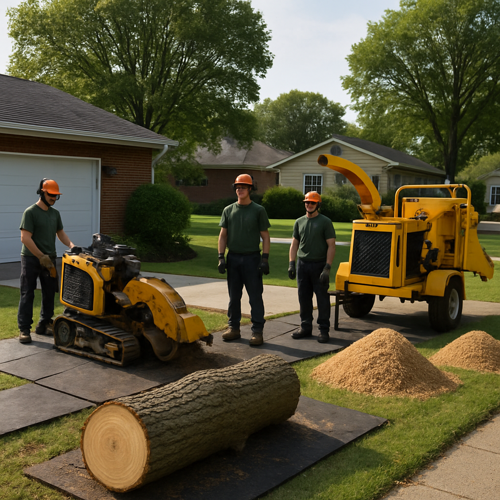 Professional crew staging a stump grinder and chipper next to a freshly felled tree on a suburban pr