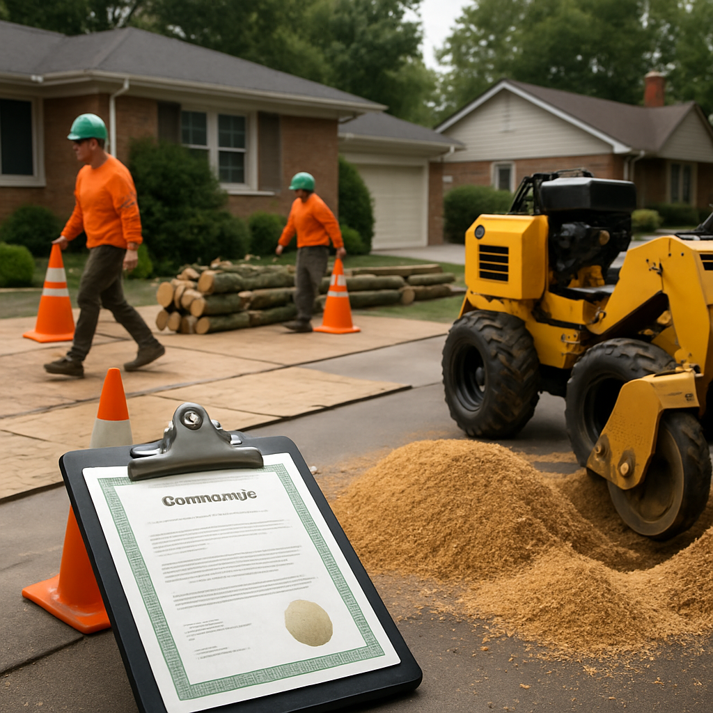 Photo realistic image of a crew performing bundled tree removal and stump grinding on a suburban pro
