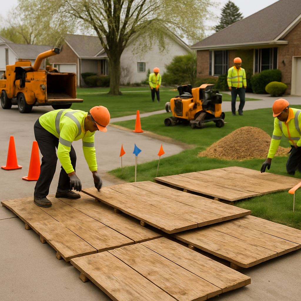 Photo realistic image of a suburban job day in progress: crew setting up protective timber mats acro