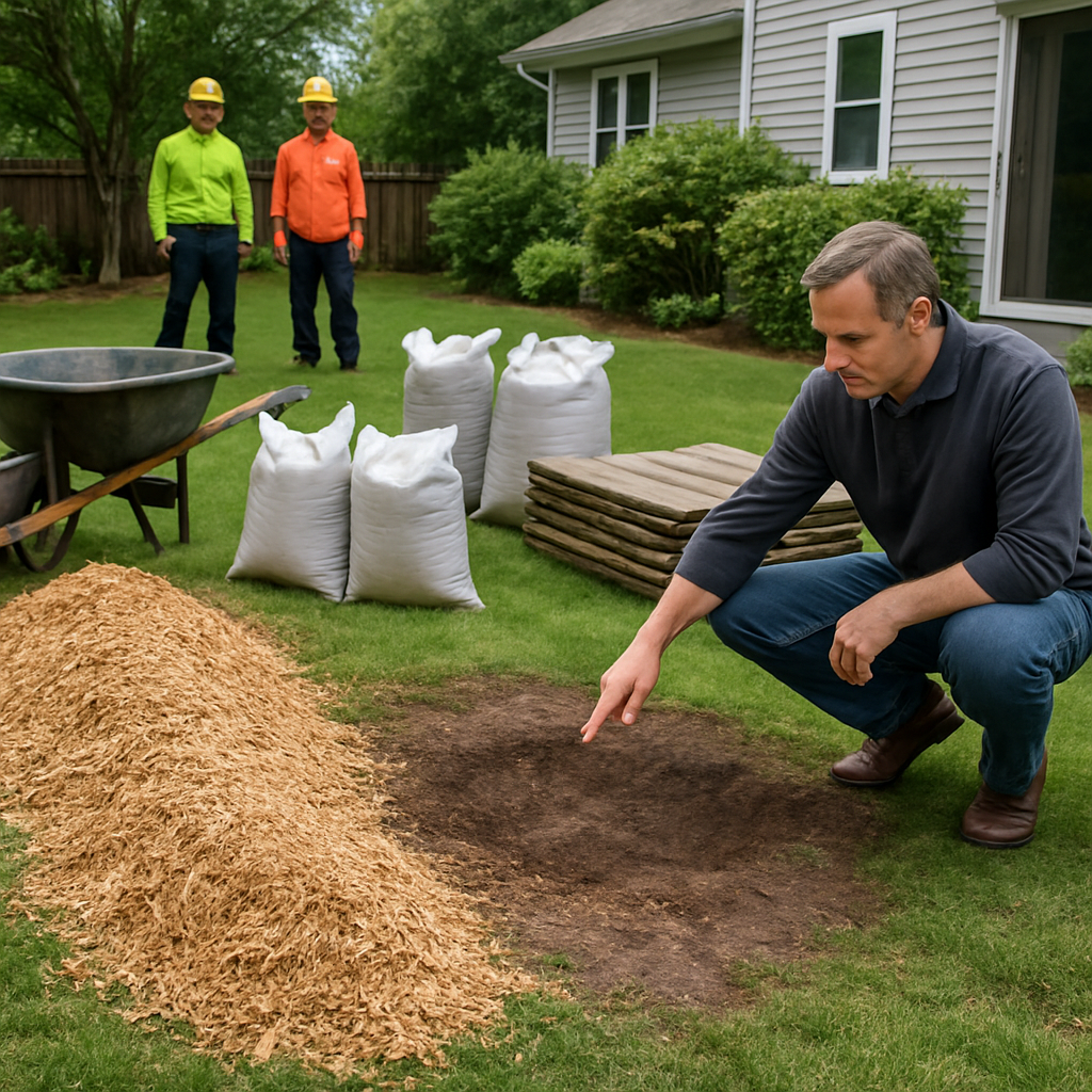 Photo realistic image of a suburban backyard after stump grinding: a neat windrow of wood chips, a w