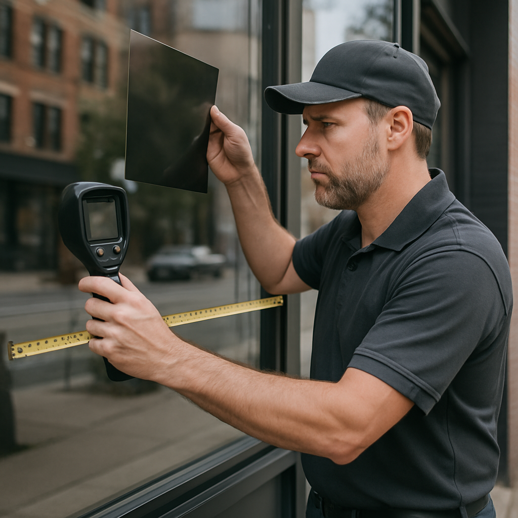 Photo realistic image of a professional installer measuring a storefront window and holding a film s