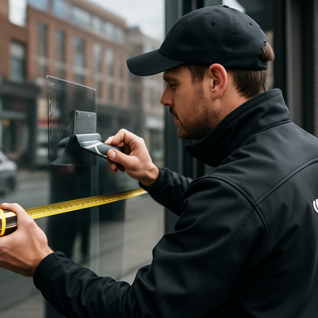Photo-realistic image of a professional installer measuring a commercial storefront glass panel and