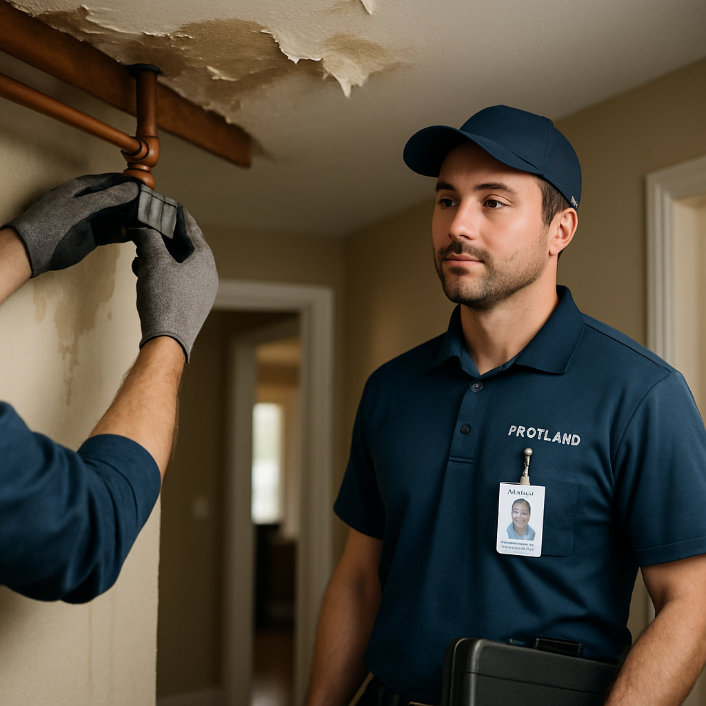 Professional emergency plumber in Portland arriving at a home, wearing company uniform and identific
