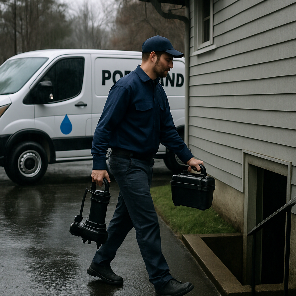 A Portland plumber arriving in branded van carrying a sump pump and toolbox on a rainy day, stepping
