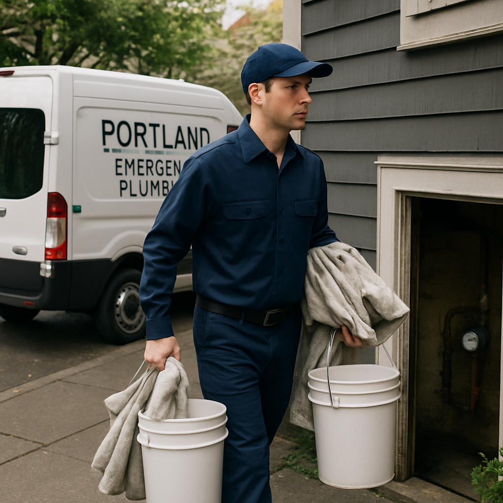 Photo-realistic image of a licensed emergency plumber arriving at a Portland home with company van p