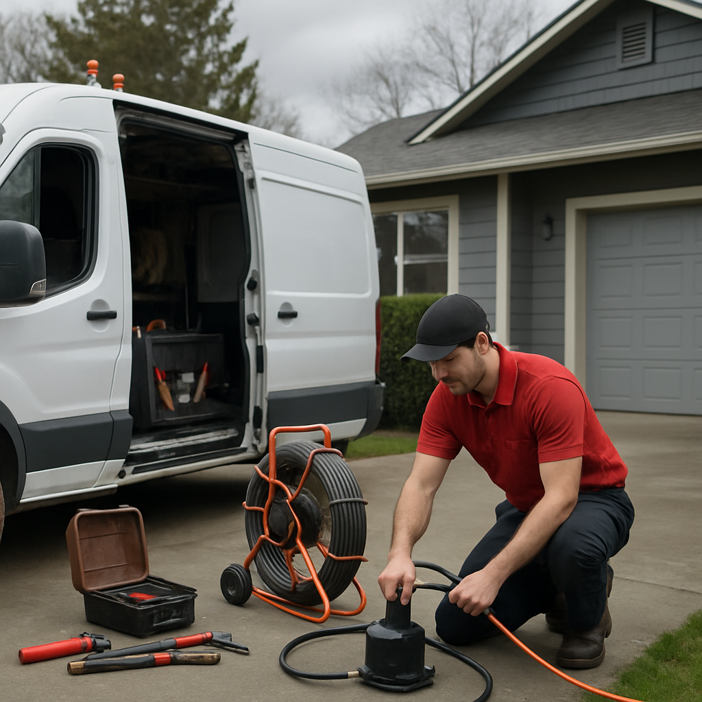 Portland emergency plumber arriving in a van at a residential home, technician setting up a portable