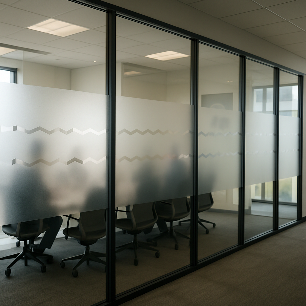 Professional office interior with glass partitions where frosted decorative privacy film has been ap
