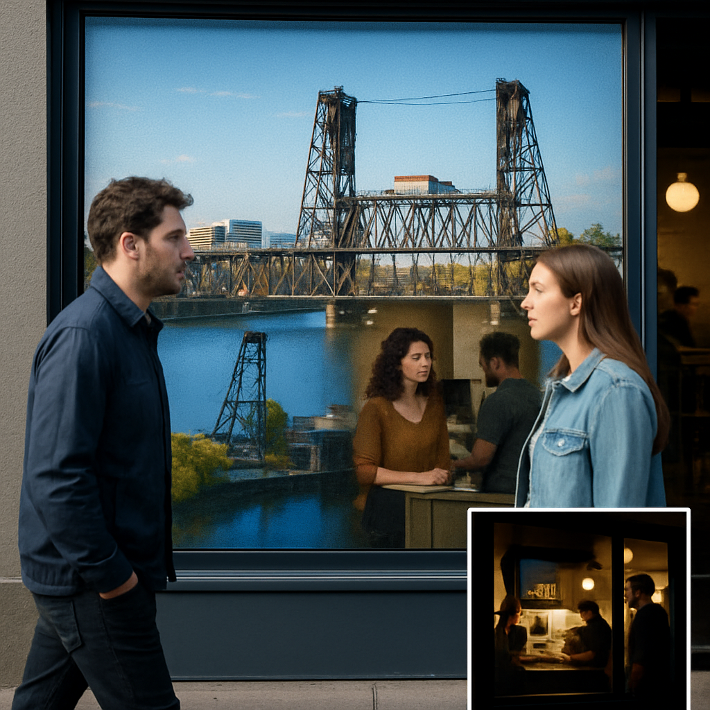 Photo realistic image of a storefront in Portland with printed perforated window film visible during