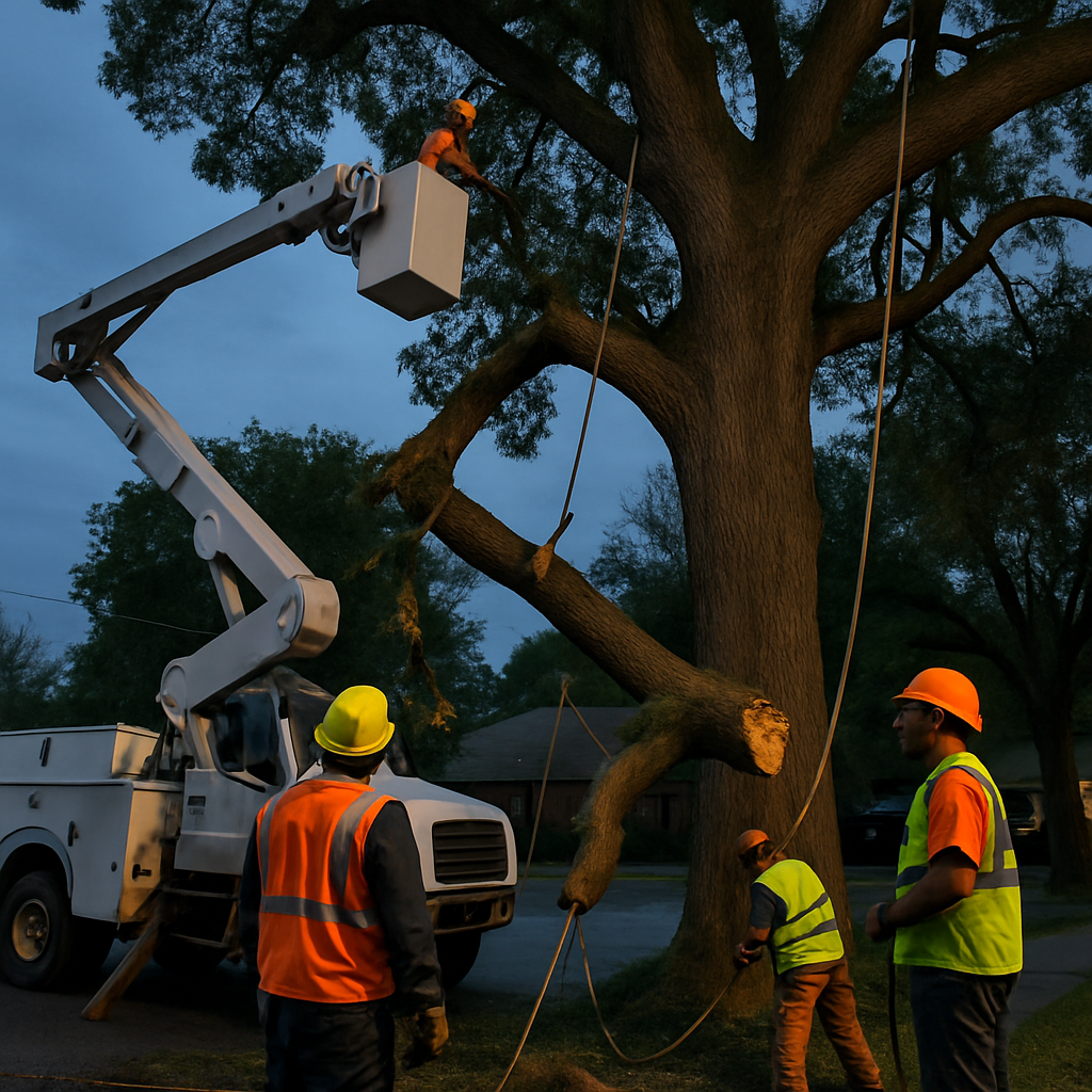 Professional tree crew performing emergency limb removal from a large oak after a storm, bucket truc