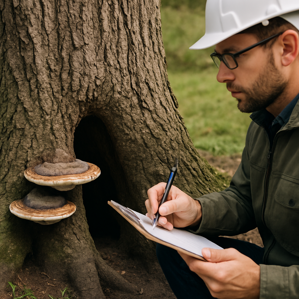 Close up photo realistic image of a large tree trunk showing bracket fungi at the root collar and a