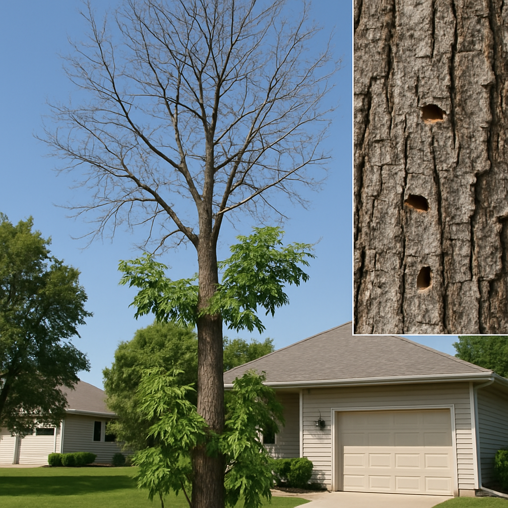 Photo realistic image of a residential tree canopy showing thinning crown, epicormic sprouts on lowe