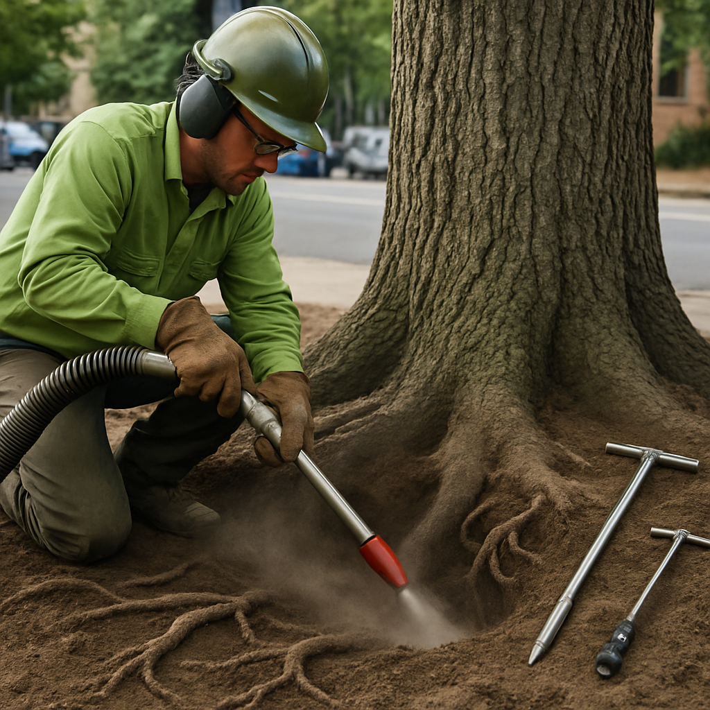 Photo realistic image of a certified arborist using an air spade to expose the root collar of a larg