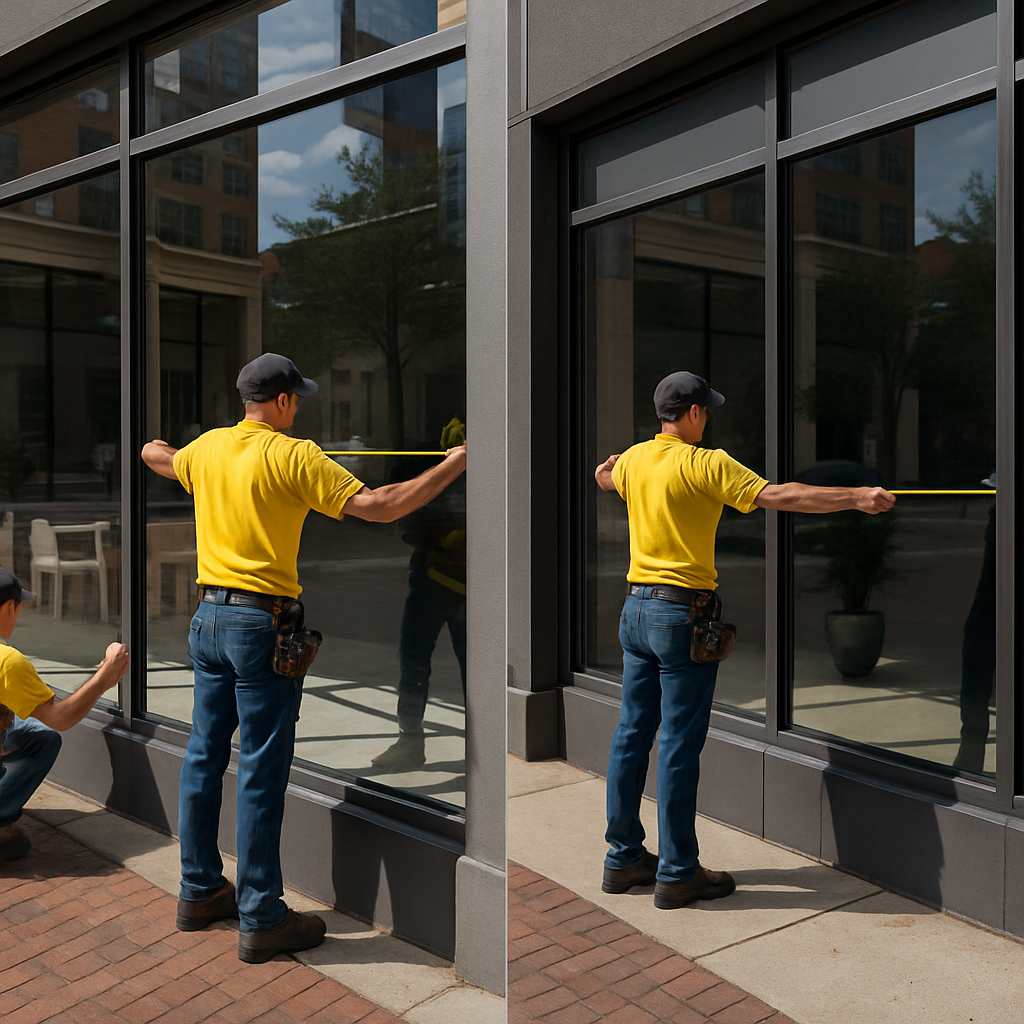 Professional photo of a commercial storefront with west-facing glass before and after spectrally sel