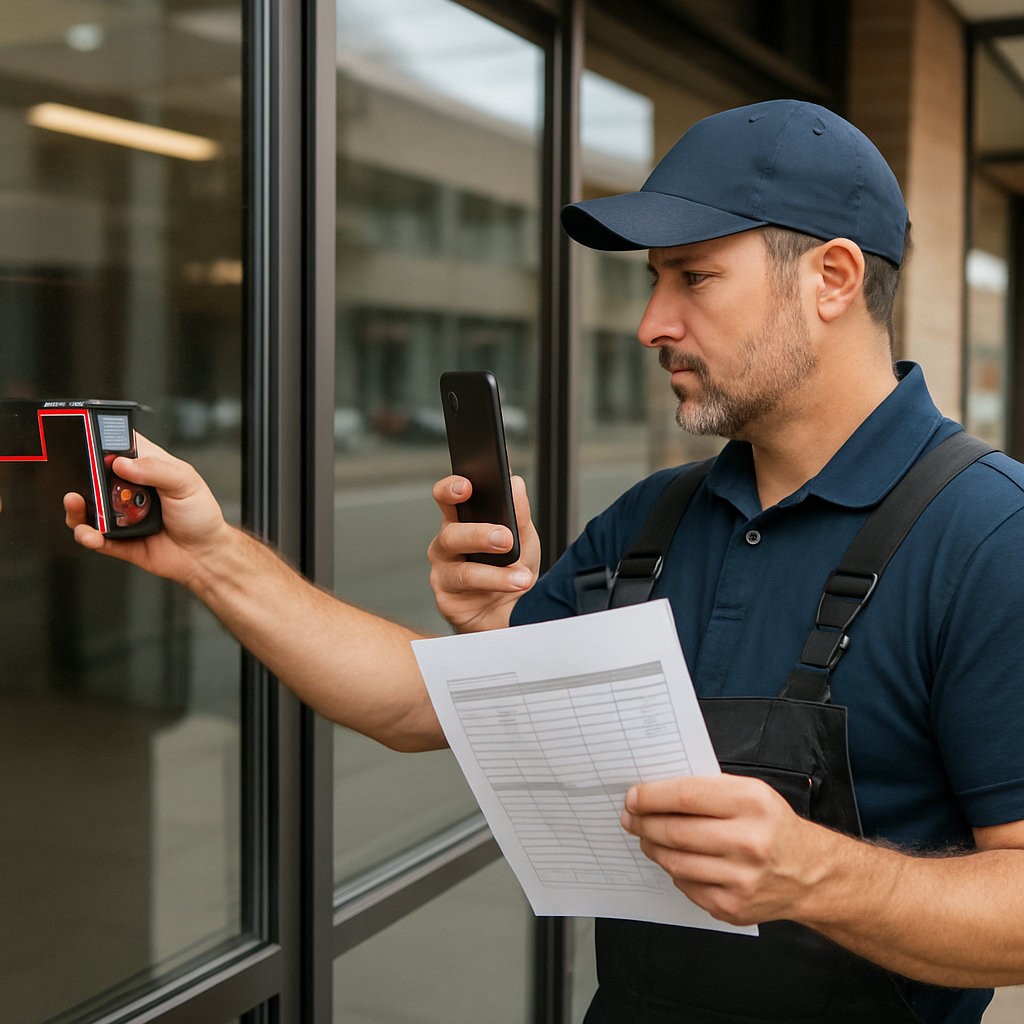 Professional installer measuring and photographing commercial windows for a rebate application, docu