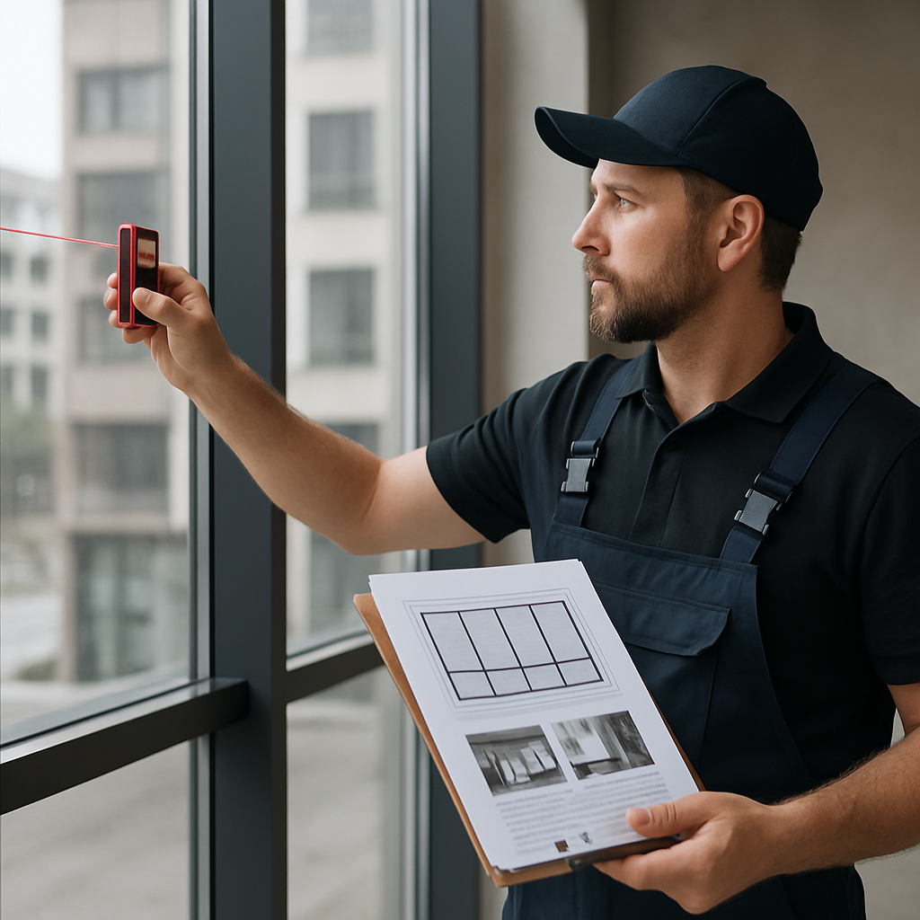 Professional installer measuring a large commercial window with a laser measure and holding a printe