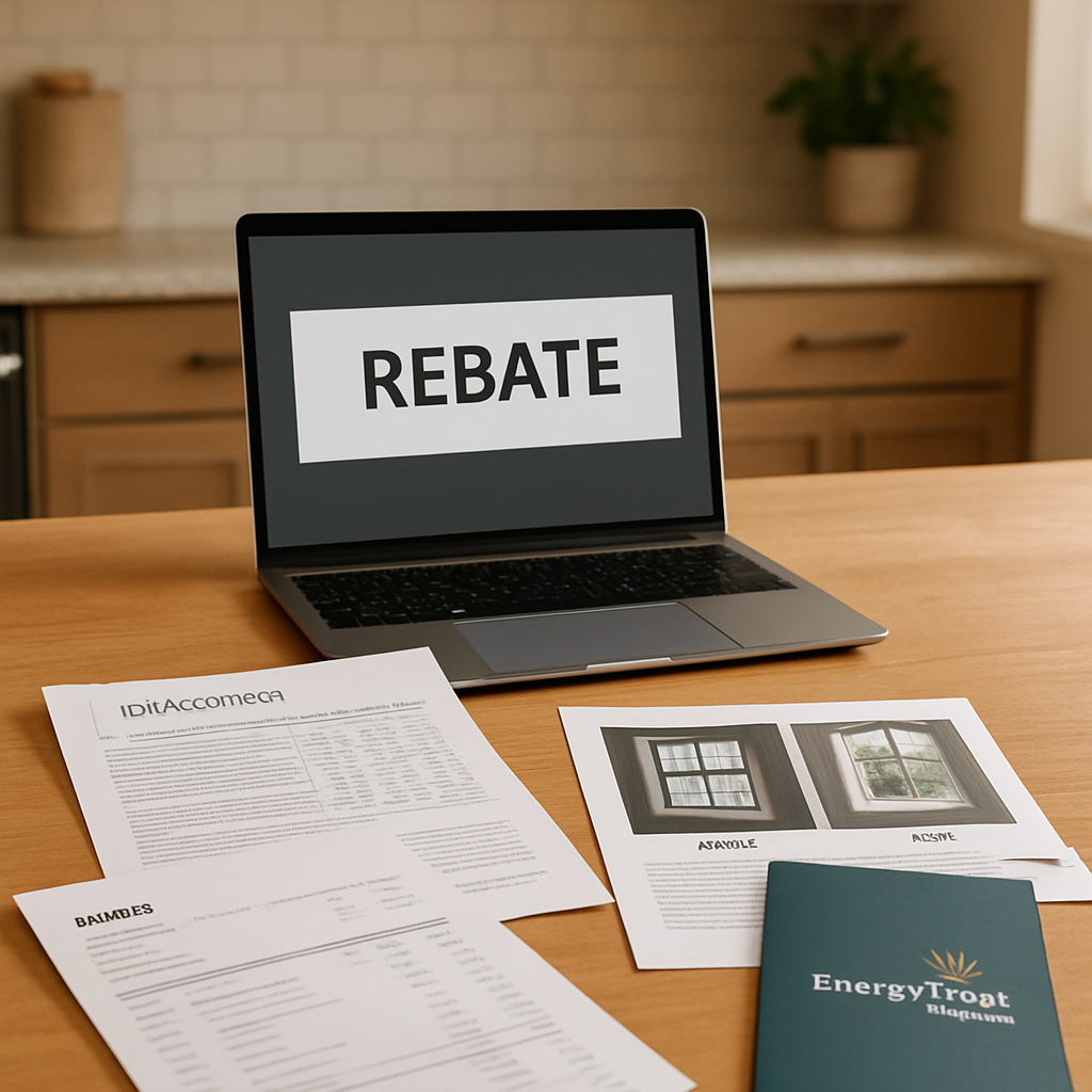 A professional photo‑realistic image of a kitchen table with neatly arranged rebate documentation