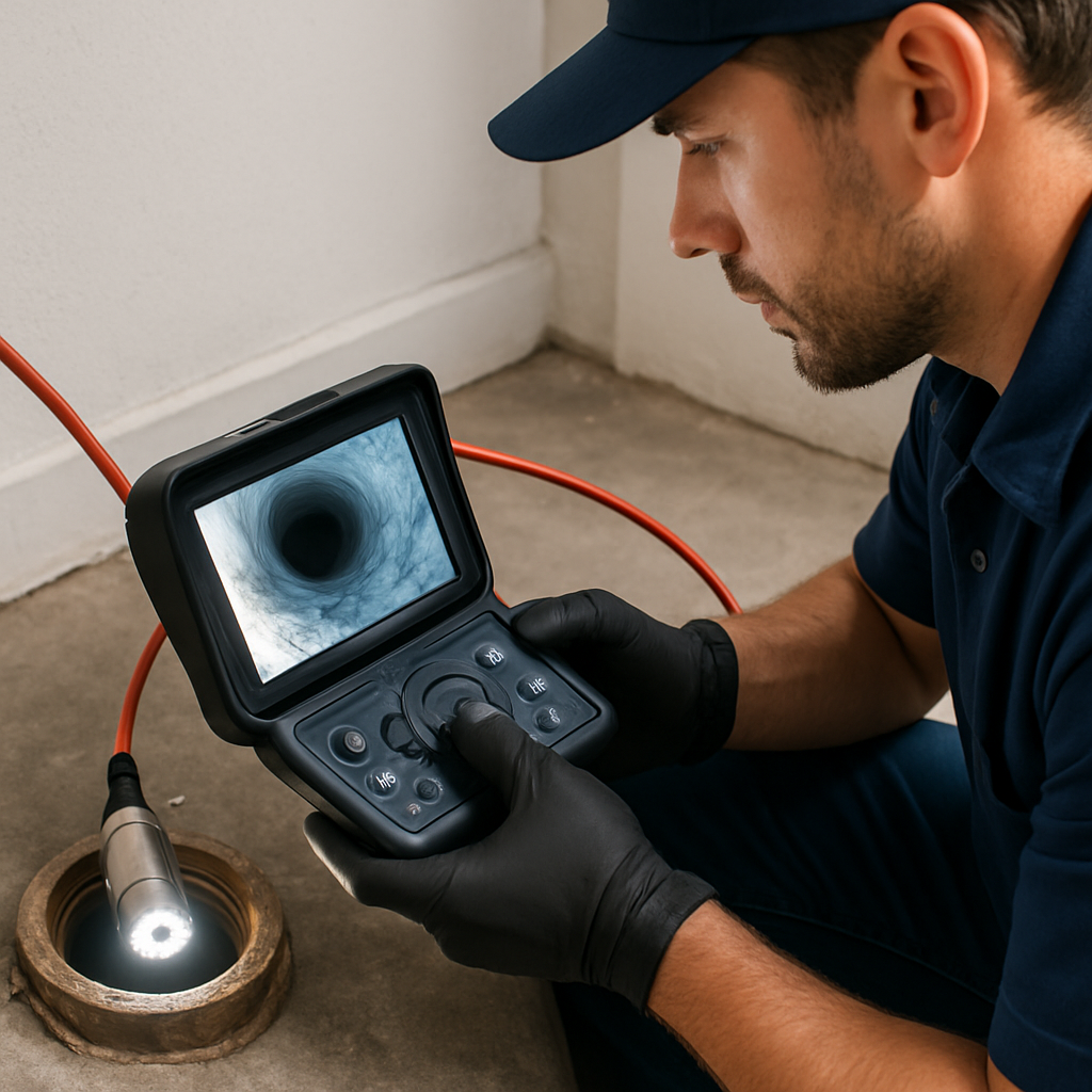 A professional plumber performing a CCTV camera inspection inside a residential sewer cleanout, hand