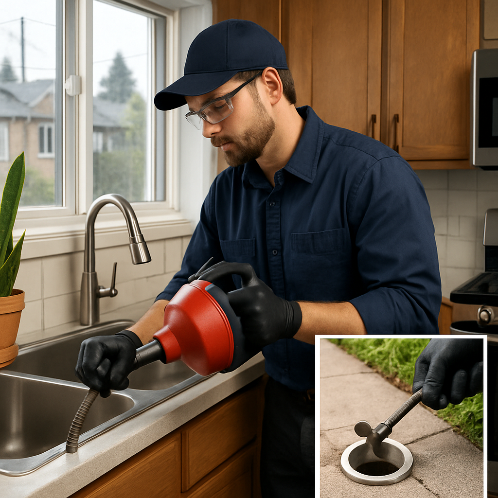 Photo realistic image of a professional plumber using a handheld drum auger on a kitchen sink inside