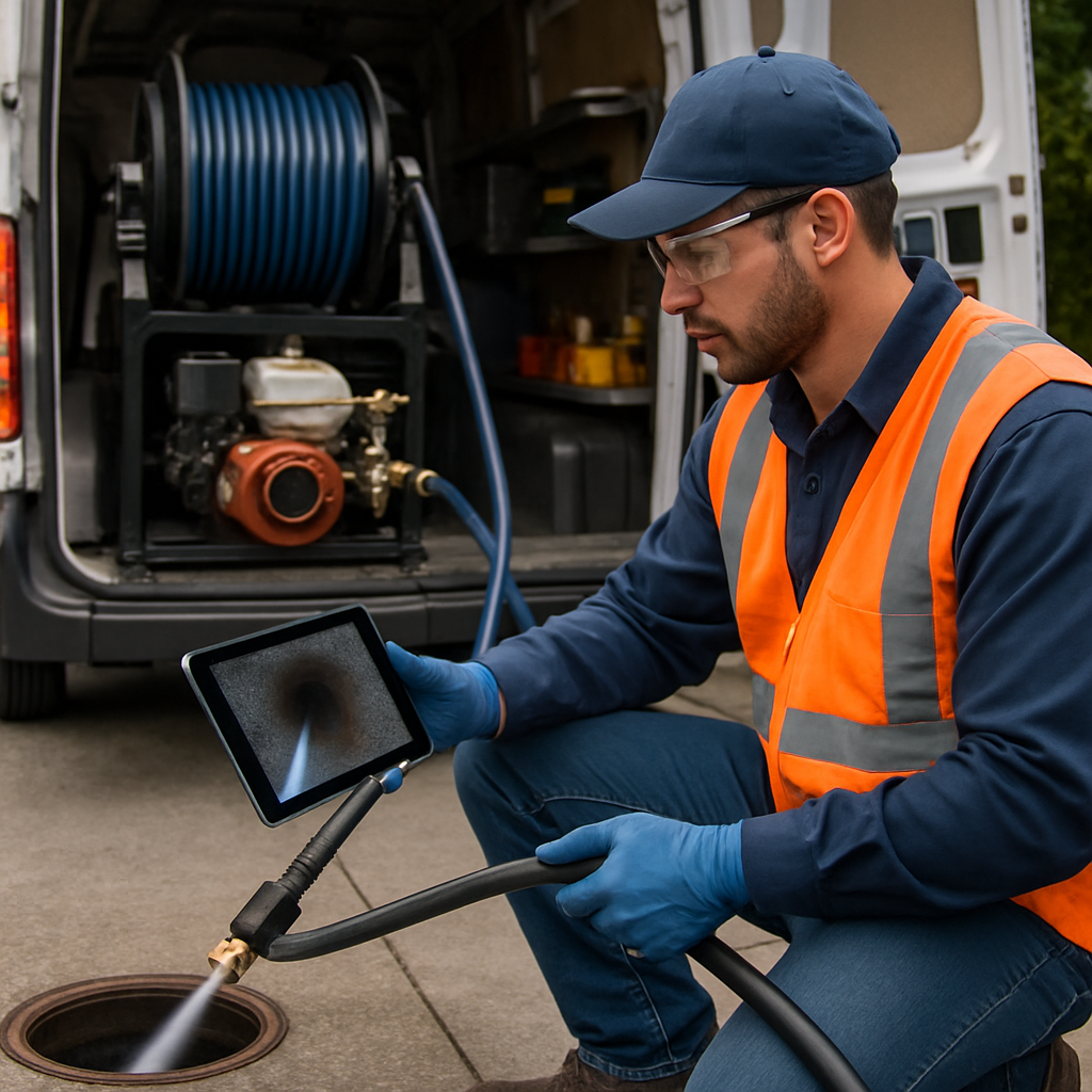 Photo realistic image of a trained plumber operating a hydro-jetting machine at a sewer cleanout