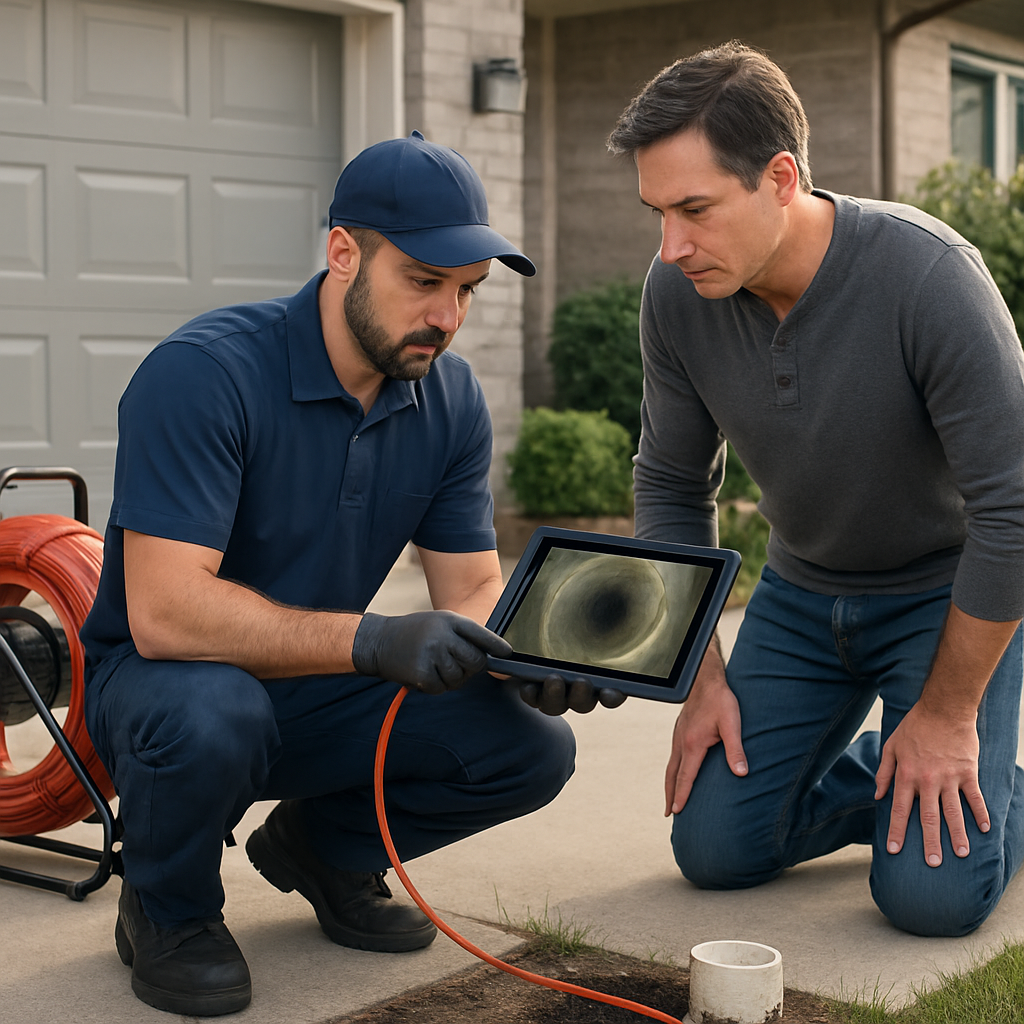 Professional plumber performing a CCTV camera inspection at a residential driveway cleanout, showing