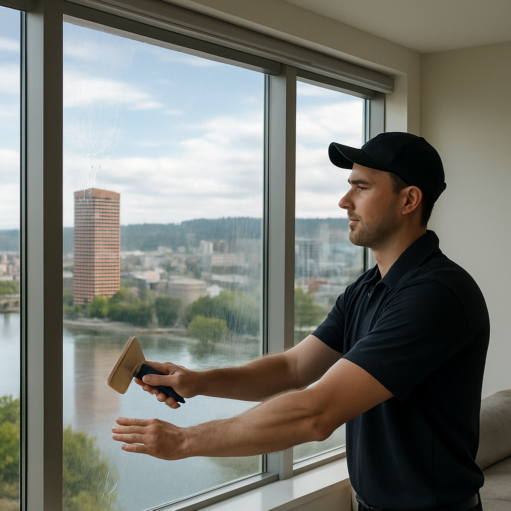 Professional installer smoothing 3M Prestige window film onto a large living-room window in a modern