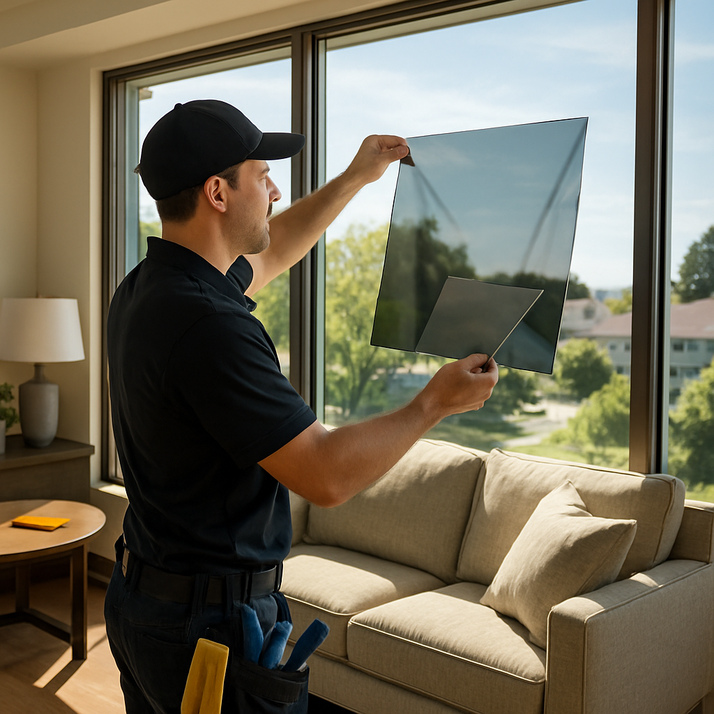 Photorealistic image of a modern living room with large west-facing windows, daytime sunlight visibl