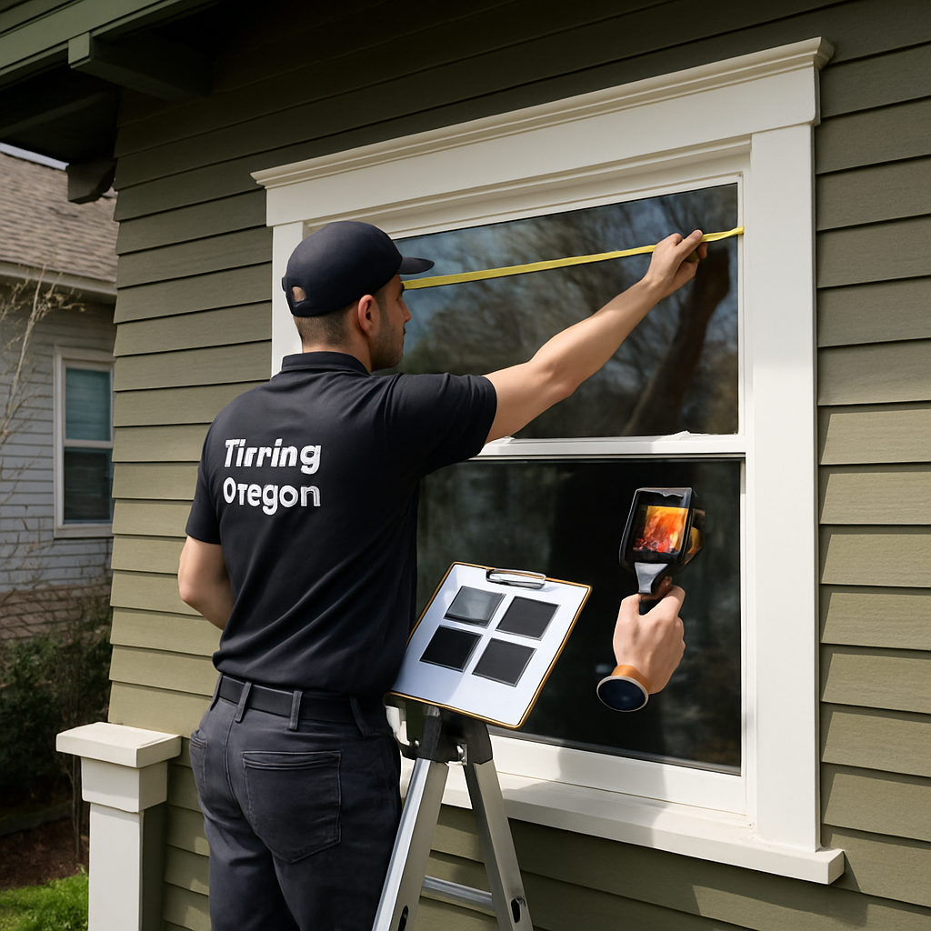 Photorealistic image of a Tinting Oregon technician on a ladder measuring a large west-facing window